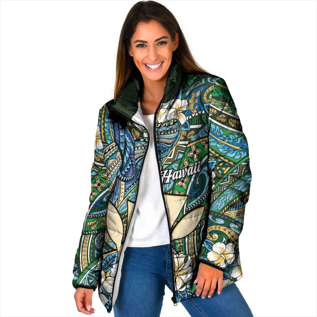 Personalised Hawaii Tribal Humpback Whale Padded Jacket Omaomao Hibiscus Seamless Pattern LT9 Women Green - Polynesian Pride