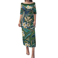Personalised Hawaii Tribal Humpback Whale Puletasi Omaomao Hibiscus Seamless Pattern LT9 Long Dress Green - Polynesian Pride