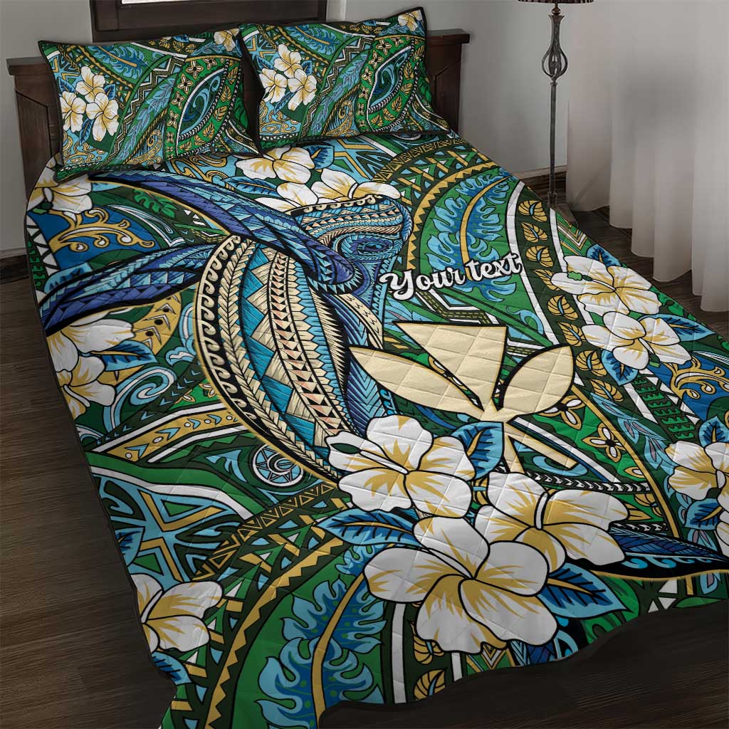 Personalised Hawaii Tribal Humpback Whale Quilt Bed Set Omaomao Hibiscus Seamless Pattern LT9 Green - Polynesian Pride