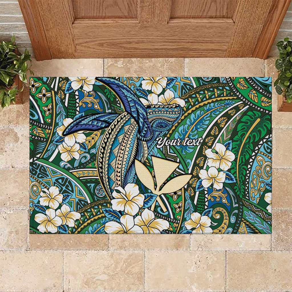 Personalised Hawaii Tribal Humpback Whale Rubber Doormat Omaomao Hibiscus Seamless Pattern LT9 Green - Polynesian Pride