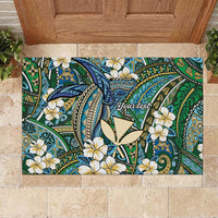 Personalised Hawaii Tribal Humpback Whale Rubber Doormat Omaomao Hibiscus Seamless Pattern LT9 Green - Polynesian Pride