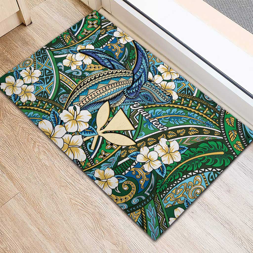 Personalised Hawaii Tribal Humpback Whale Rubber Doormat Omaomao Hibiscus Seamless Pattern LT9 - Polynesian Pride
