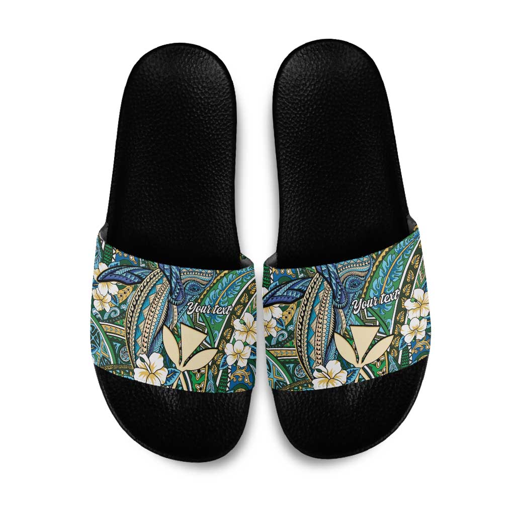 Personalised Hawaii Tribal Humpback Whale Slide Sandals Omaomao Hibiscus Seamless Pattern LT9 Green - Polynesian Pride