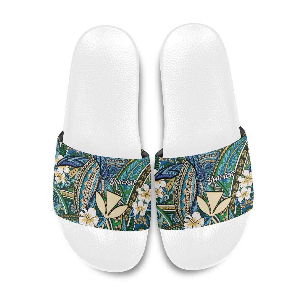 Personalised Hawaii Tribal Humpback Whale Slide Sandals Omaomao Hibiscus Seamless Pattern LT9 Green - Polynesian Pride