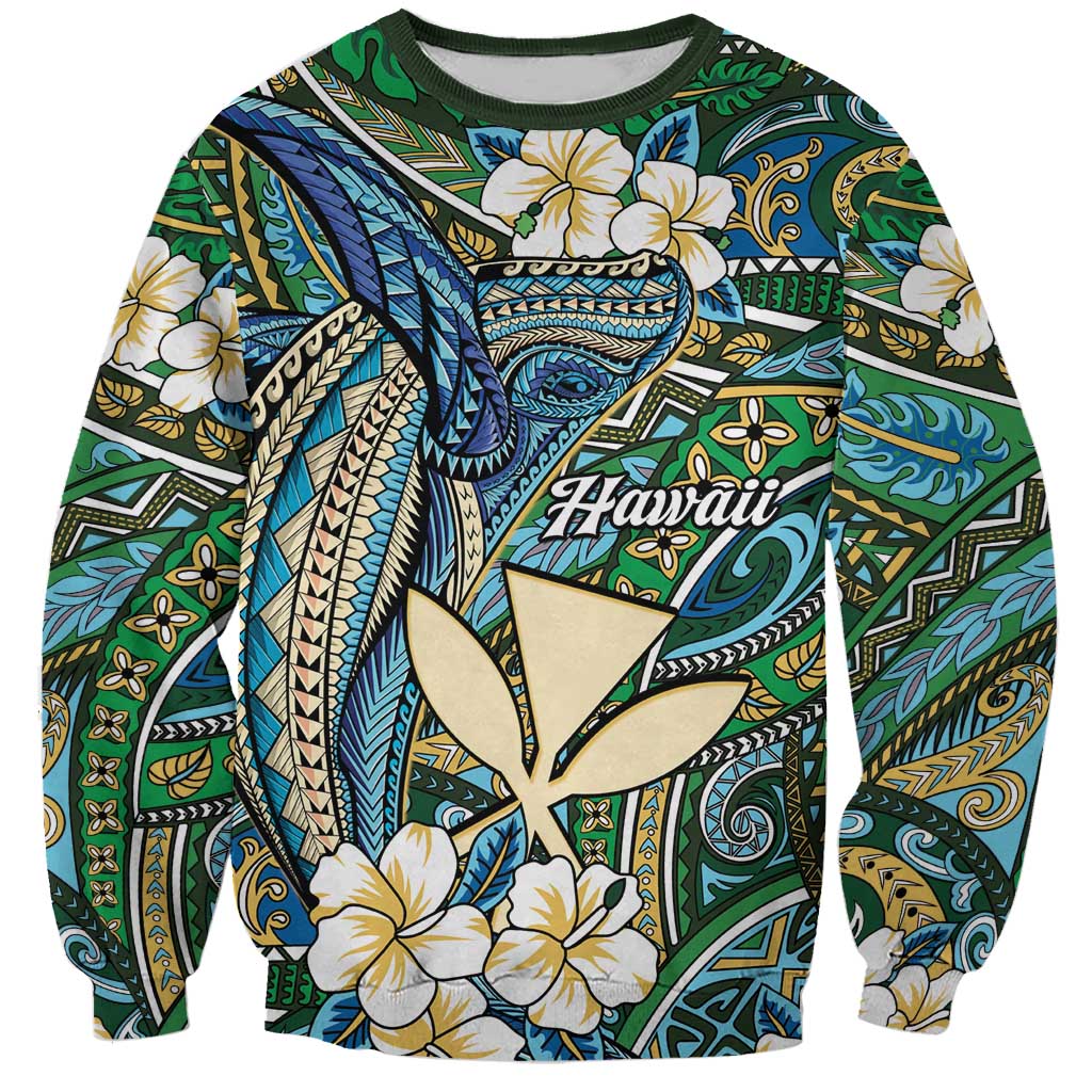 Personalised Hawaii Tribal Humpback Whale Sweatshirt Omaomao Hibiscus Seamless Pattern LT9 Unisex Green - Polynesian Pride