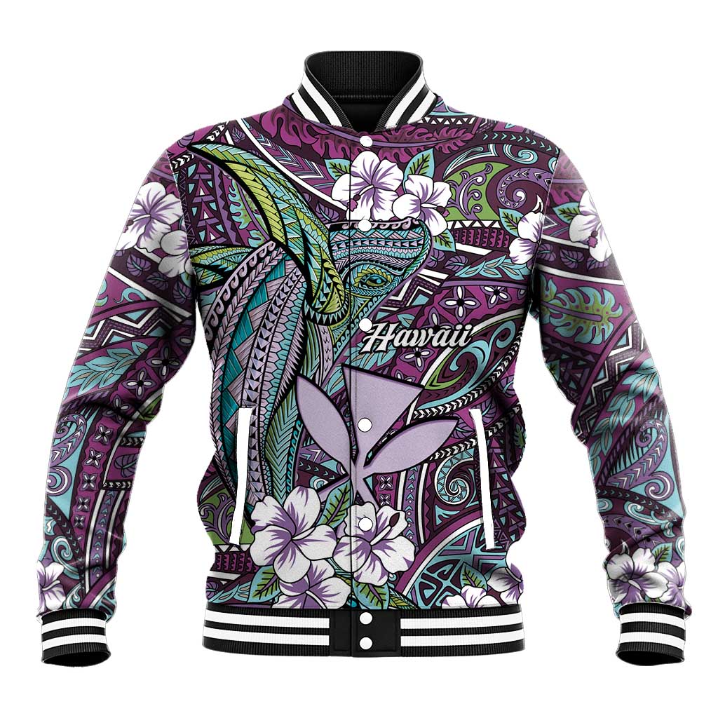 Personalised Hawaii Tribal Humpback Whale Baseball Jacket Poni Hibiscus Seamless Pattern LT9 Unisex Purple - Polynesian Pride