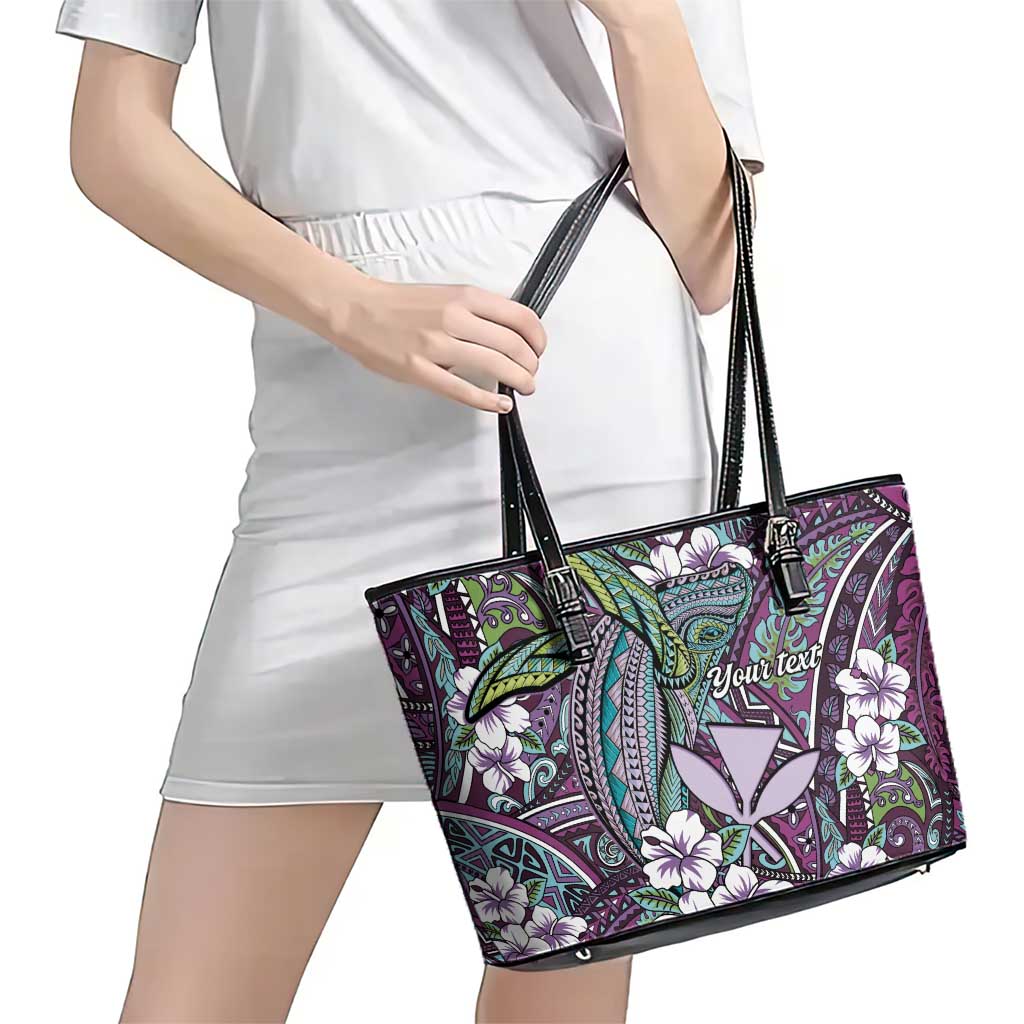 Personalised Hawaii Tribal Humpback Whale Leather Tote Bag Poni Hibiscus Seamless Pattern LT9 - Polynesian Pride