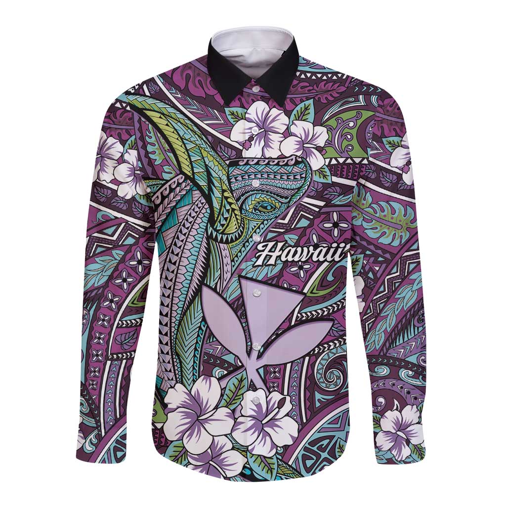 Personalised Hawaii Tribal Humpback Whale Long Sleeve Button Shirt Poni Hibiscus Seamless Pattern LT9 Unisex Purple - Polynesian Pride
