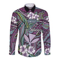 Personalised Hawaii Tribal Humpback Whale Long Sleeve Button Shirt Poni Hibiscus Seamless Pattern LT9 Unisex Purple - Polynesian Pride