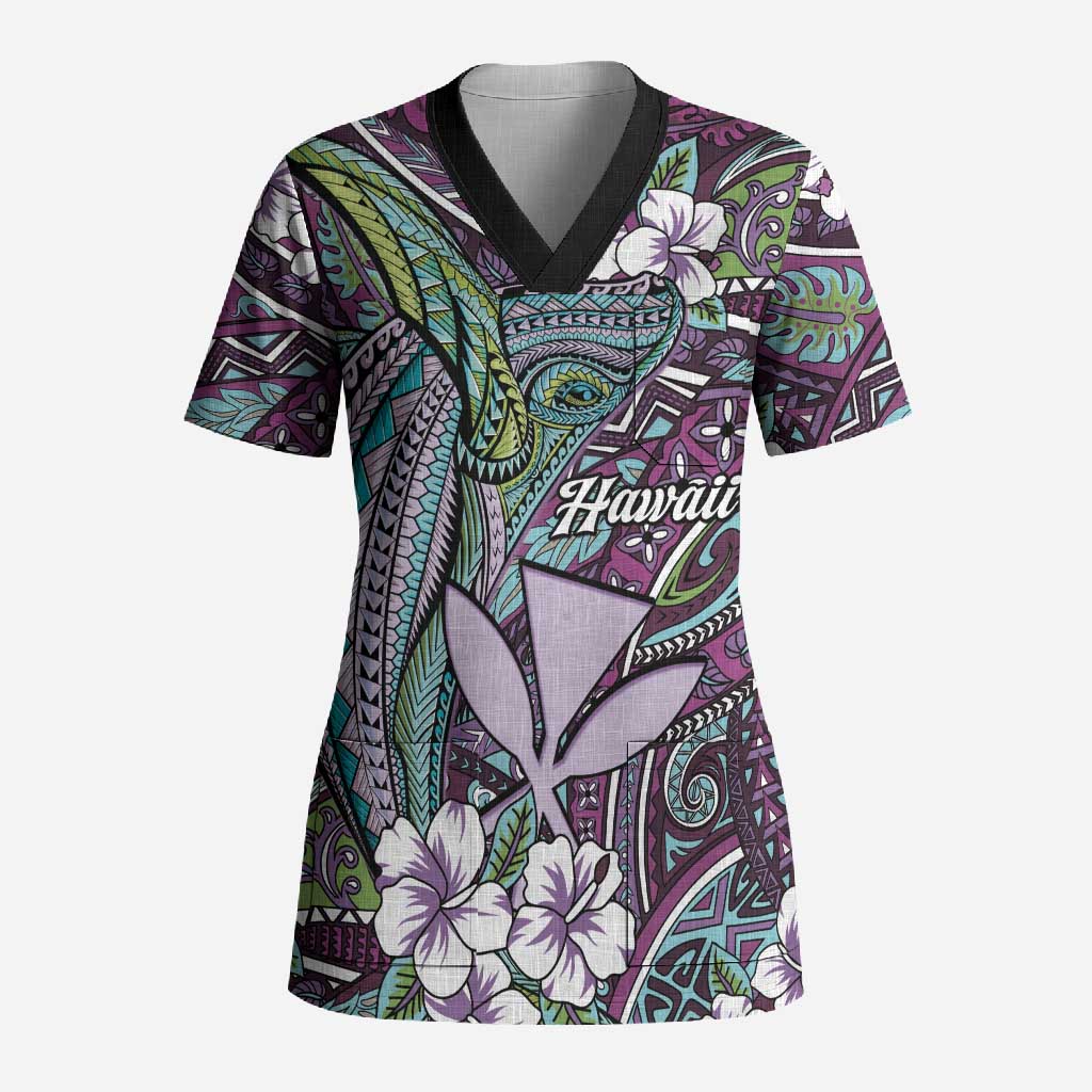 Personalised Hawaii Tribal Humpback Whale Scrub Top Poni Hibiscus Seamless Pattern LT9 Adult Purple - Polynesian Pride