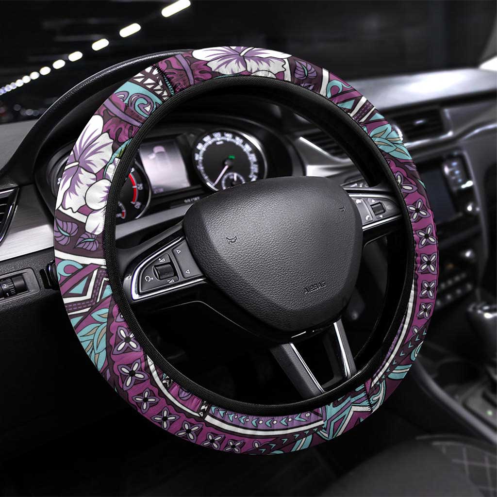 Hawaii Tribal Humpback Whale Steering Wheel Cover Poni Hibiscus Seamless Pattern LT9 Universal Fit Purple - Polynesian Pride