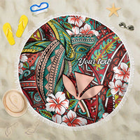 Personalised Hawaii Tribal Humpback Whale Beach Blanket Ulaula Hibiscus Seamless Pattern LT9 One Size 150cm Red - Polynesian Pride