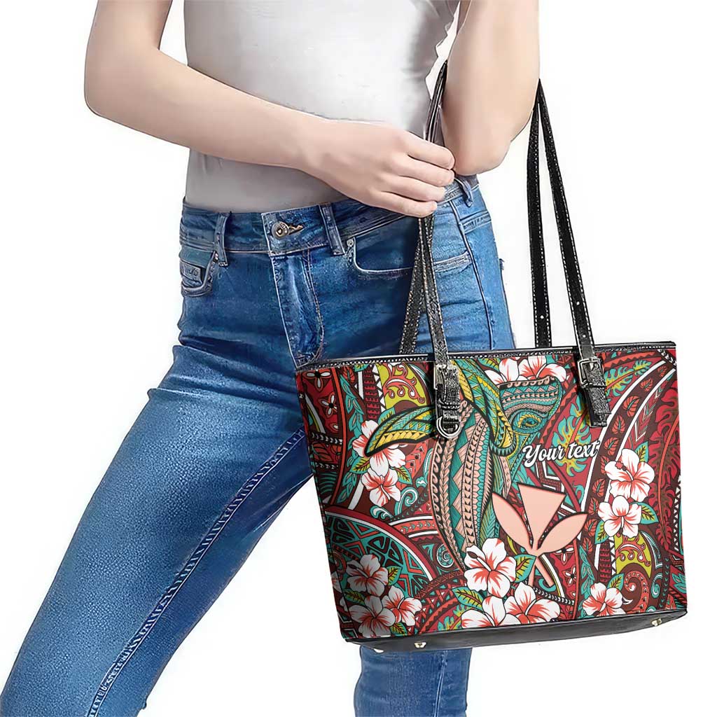 Personalised Hawaii Tribal Humpback Whale Leather Tote Bag Ulaula Hibiscus Seamless Pattern LT9 - Polynesian Pride