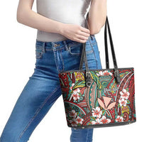 Personalised Hawaii Tribal Humpback Whale Leather Tote Bag Ulaula Hibiscus Seamless Pattern LT9 - Polynesian Pride