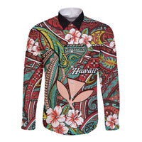 Personalised Hawaii Tribal Humpback Whale Long Sleeve Button Shirt Ulaula Hibiscus Seamless Pattern LT9 Unisex Red - Polynesian Pride