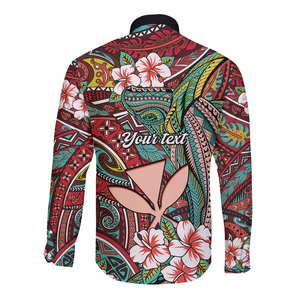 Personalised Hawaii Tribal Humpback Whale Long Sleeve Button Shirt Ulaula Hibiscus Seamless Pattern LT9 - Polynesian Pride