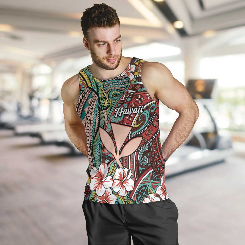 Personalised Hawaii Tribal Humpback Whale Men Tank Top Ulaula Hibiscus Seamless Pattern LT9 Red - Polynesian Pride