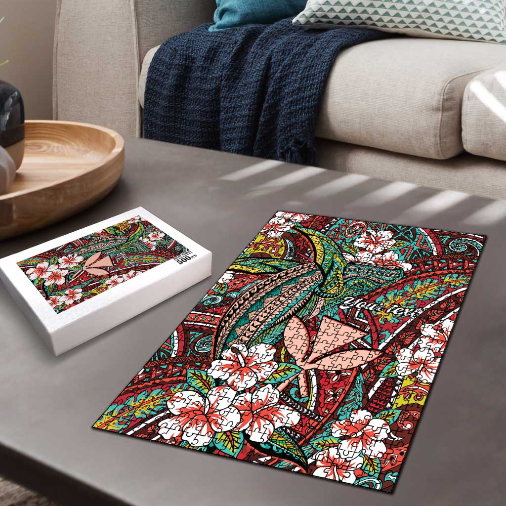 Personalised Hawaii Tribal Humpback Whale Puzzle Ulaula Hibiscus Seamless Pattern LT9 - Polynesian Pride
