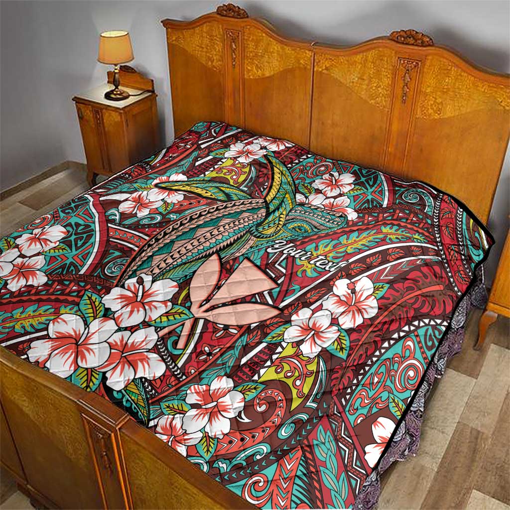 Personalised Hawaii Tribal Humpback Whale Quilt Ulaula Hibiscus Seamless Pattern LT9 - Polynesian Pride