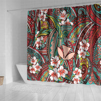 Personalised Hawaii Tribal Humpback Whale Shower Curtain Ulaula Hibiscus Seamless Pattern LT9 - Polynesian Pride