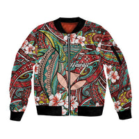 Personalised Hawaii Tribal Humpback Whale Sleeve Zip Bomber Jacket Ulaula Hibiscus Seamless Pattern LT9 Unisex Red - Polynesian Pride