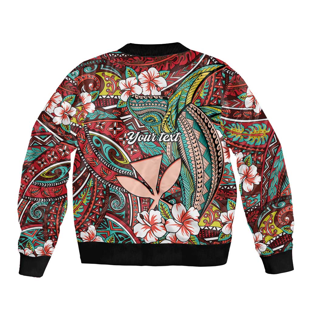 Personalised Hawaii Tribal Humpback Whale Sleeve Zip Bomber Jacket Ulaula Hibiscus Seamless Pattern LT9 - Polynesian Pride