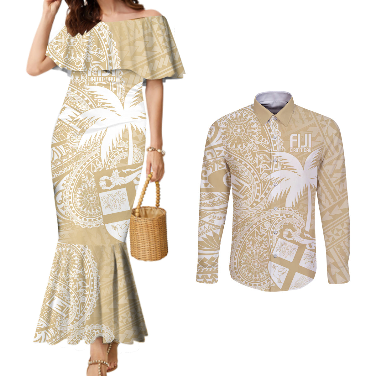 Custom Indo Fijians Couples Matching Mermaid Dress and Long Sleeve Button Shirt Fiji ke Hindustani Polyneisan Paisley Beige Style