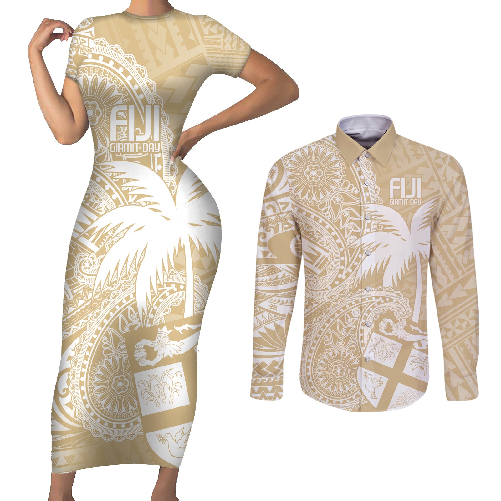 Custom Indo Fijians Couples Matching Short Sleeve Bodycon Dress and Long Sleeve Button Shirt Fiji ke Hindustani Polyneisan Paisley Beige Style