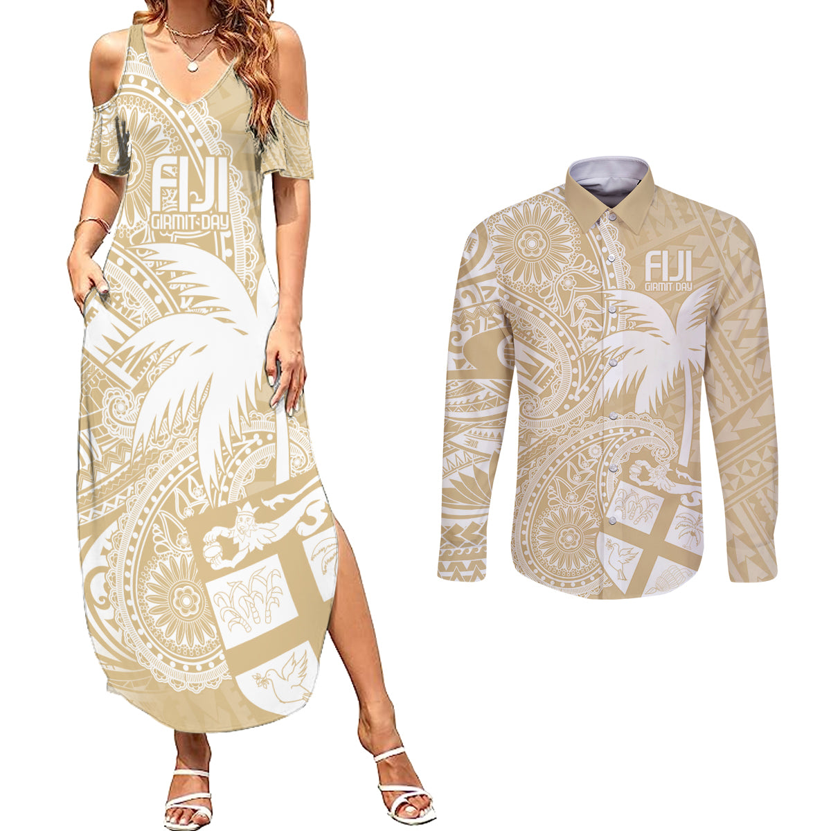 Custom Indo Fijians Couples Matching Summer Maxi Dress and Long Sleeve Button Shirt Fiji ke Hindustani Polyneisan Paisley Beige Style