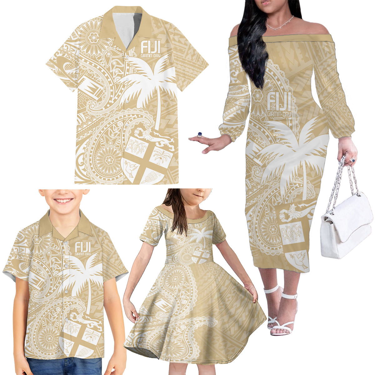 Custom Indo Fijians Family Matching Off The Shoulder Long Sleeve Dress and Hawaiian Shirt Fiji ke Hindustani Polyneisan Paisley Beige Style