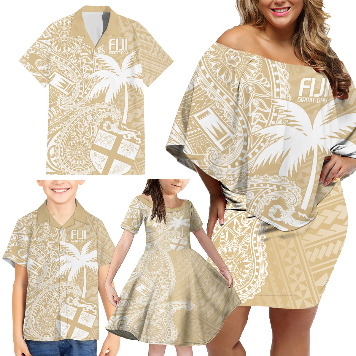 Custom Indo Fijians Family Matching Off Shoulder Short Dress and Hawaiian Shirt Fiji ke Hindustani Polyneisan Paisley Beige Style