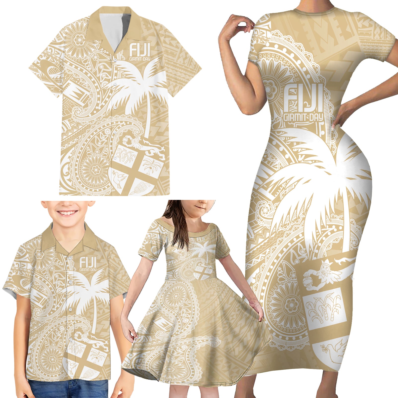 Custom Indo Fijians Family Matching Short Sleeve Bodycon Dress and Hawaiian Shirt Fiji ke Hindustani Polyneisan Paisley Beige Style