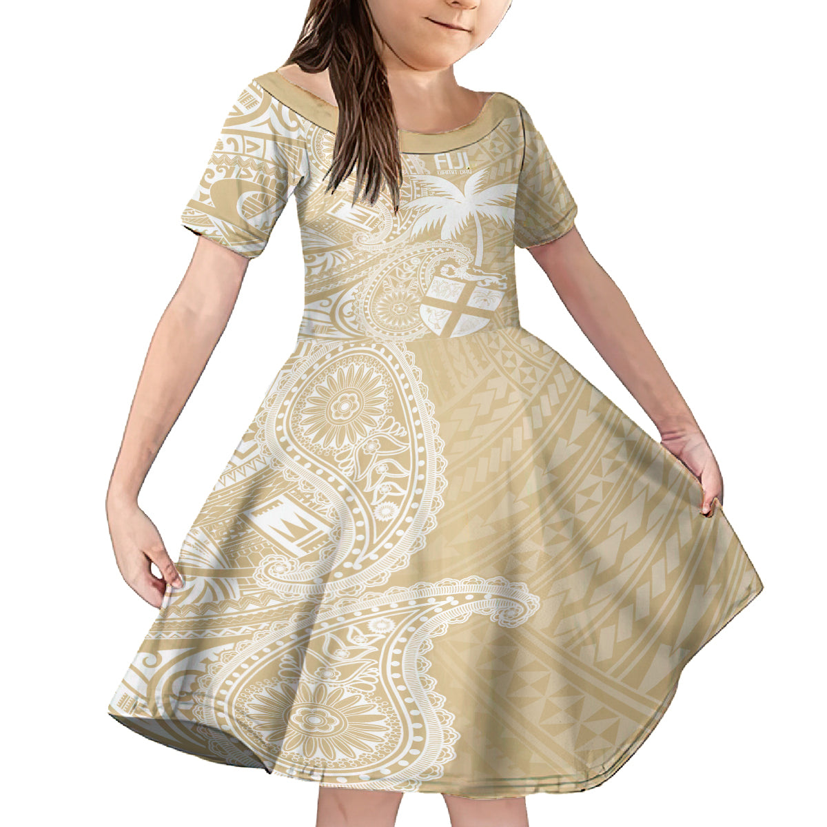 Custom Indo Fijians Kid Short Sleeve Dress Fiji ke Hindustani Polyneisan Paisley Beige Style