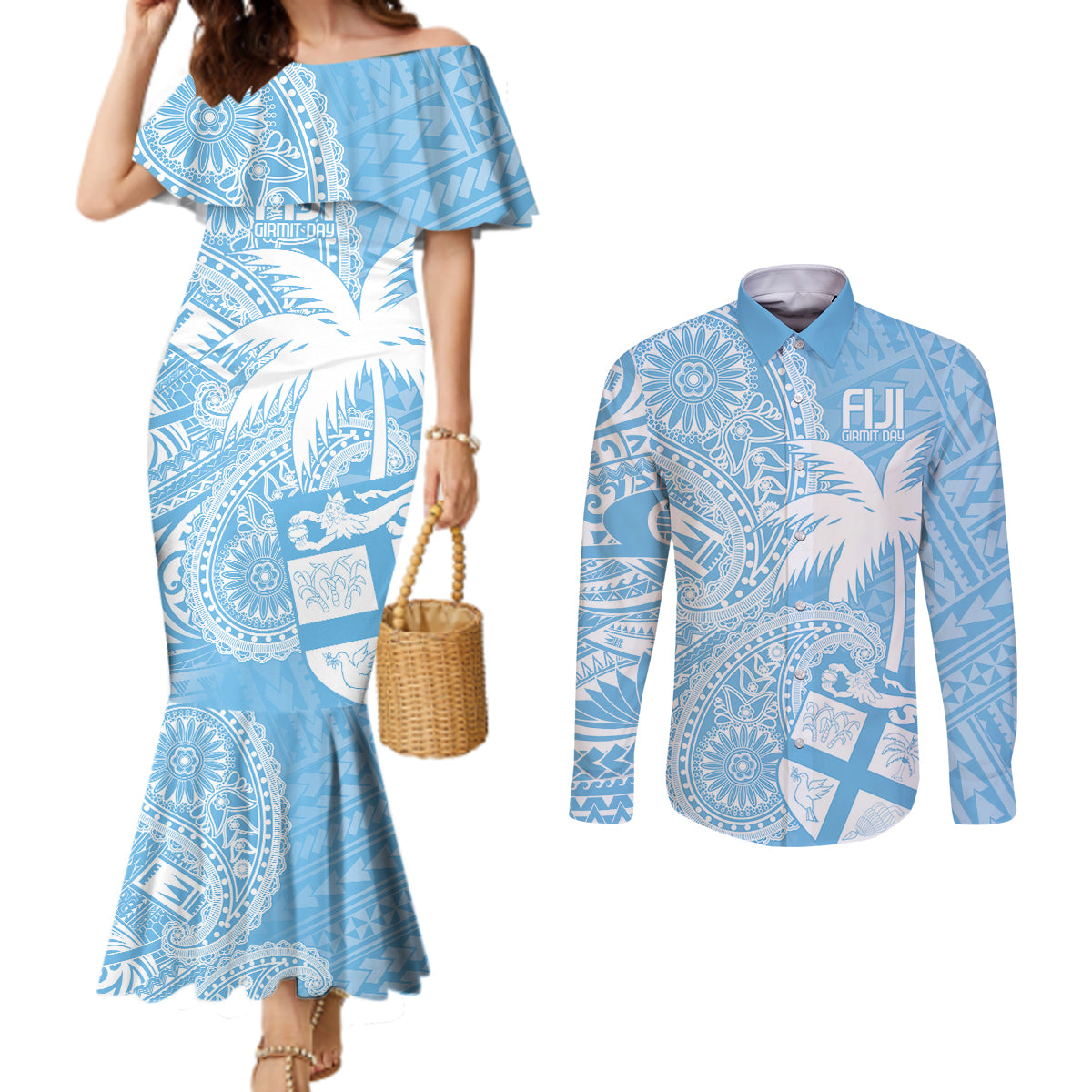 Custom Indo Fijians Couples Matching Mermaid Dress and Long Sleeve Button Shirt Fiji ke Hindustani Polyneisan Paisley Blue Style