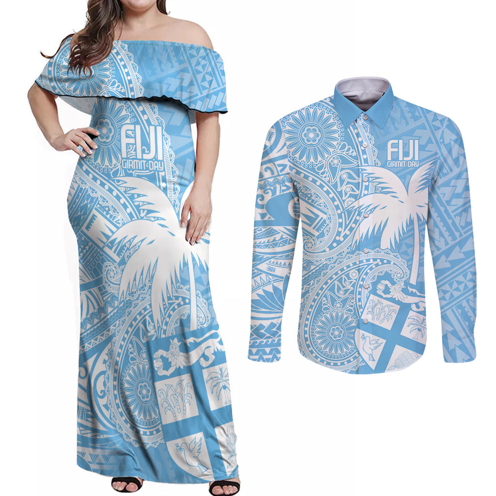 Custom Indo Fijians Couples Matching Off Shoulder Maxi Dress and Long Sleeve Button Shirt Fiji ke Hindustani Polyneisan Paisley Blue Style