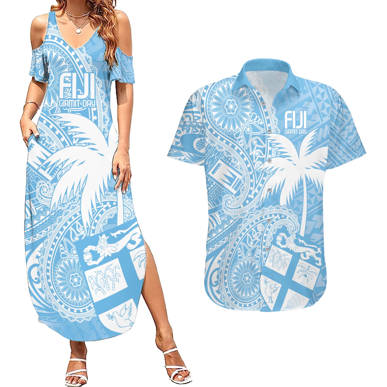 Custom Indo Fijians Couples Matching Summer Maxi Dress and Hawaiian Shirt Fiji ke Hindustani Polyneisan Paisley Blue Style