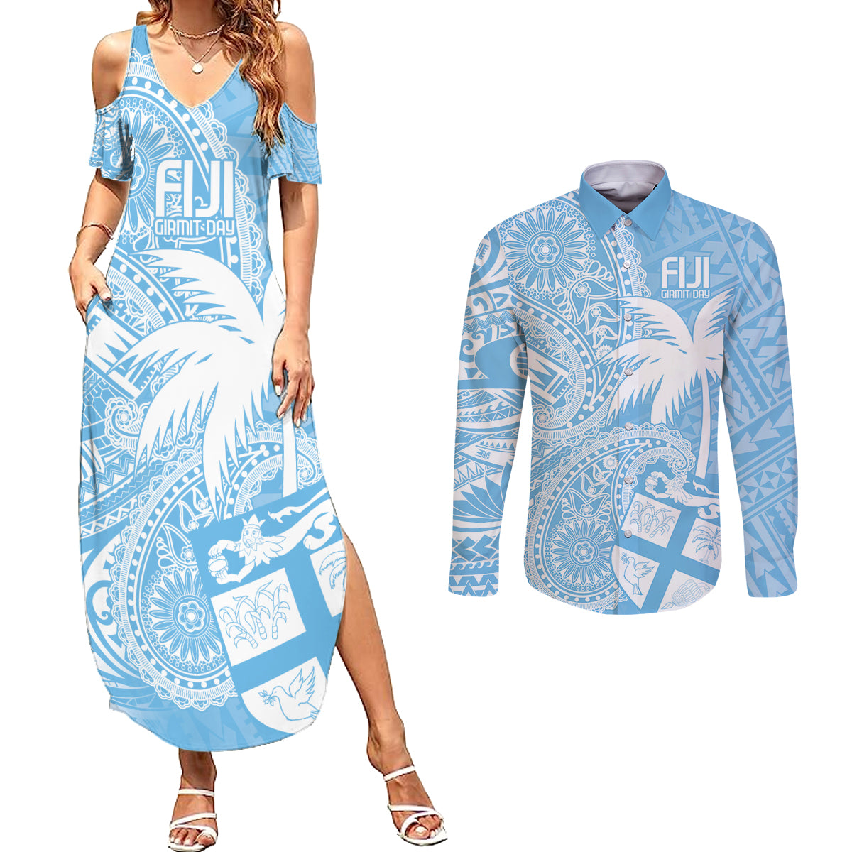 Custom Indo Fijians Couples Matching Summer Maxi Dress and Long Sleeve Button Shirt Fiji ke Hindustani Polyneisan Paisley Blue Style