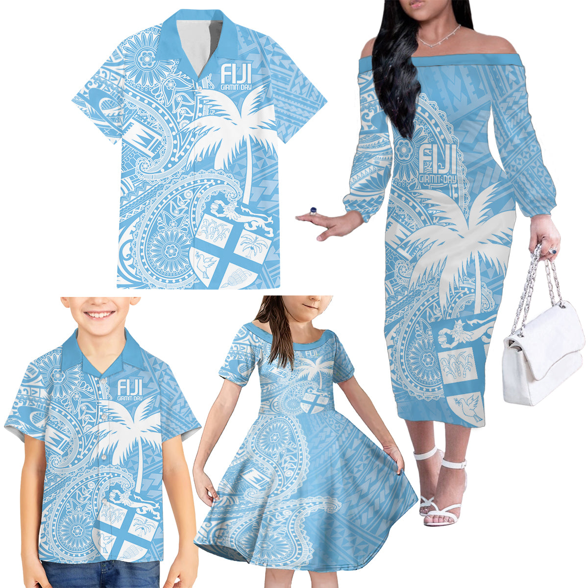 Custom Indo Fijians Family Matching Off The Shoulder Long Sleeve Dress and Hawaiian Shirt Fiji ke Hindustani Polyneisan Paisley Blue Style