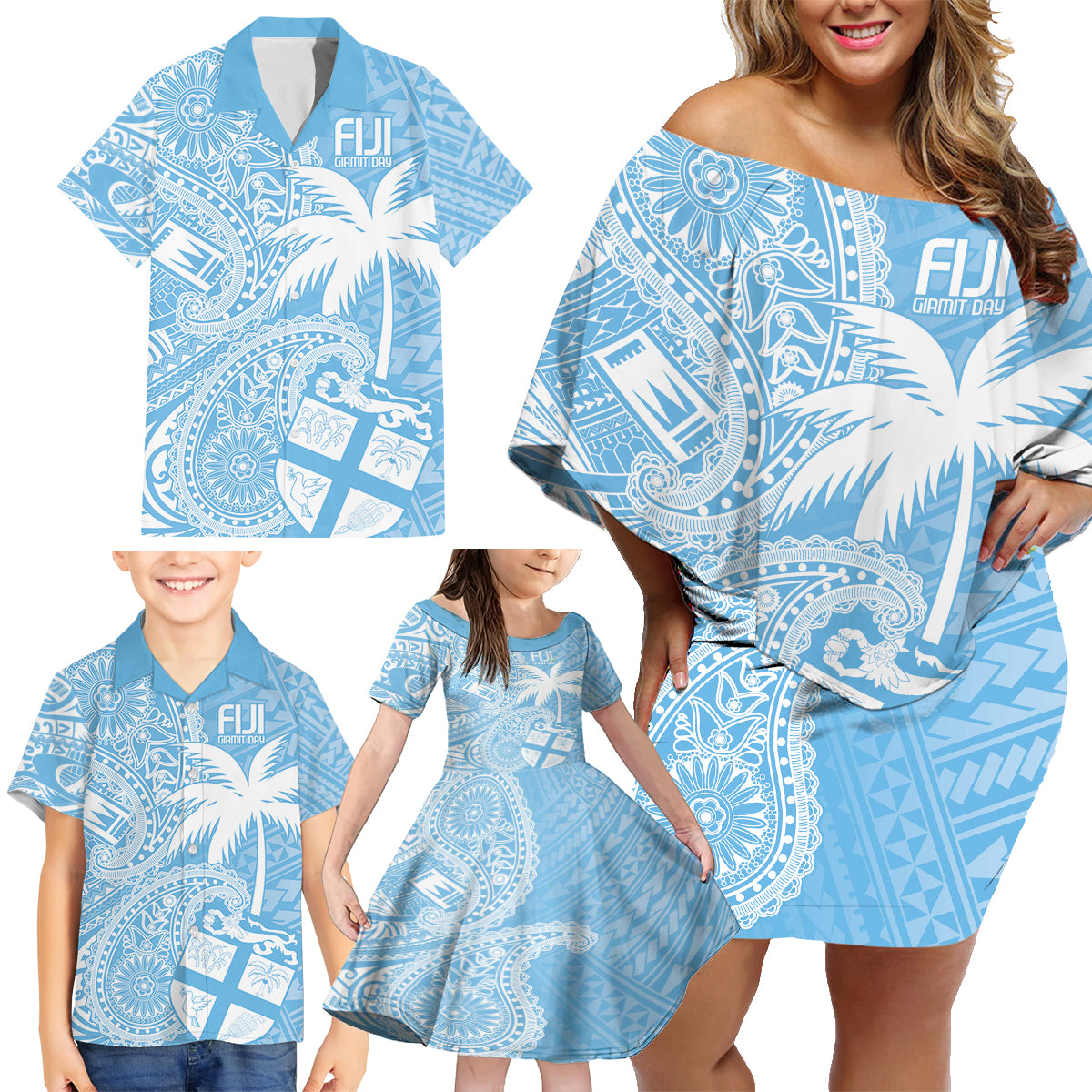 Custom Indo Fijians Family Matching Off Shoulder Short Dress and Hawaiian Shirt Fiji ke Hindustani Polyneisan Paisley Blue Style