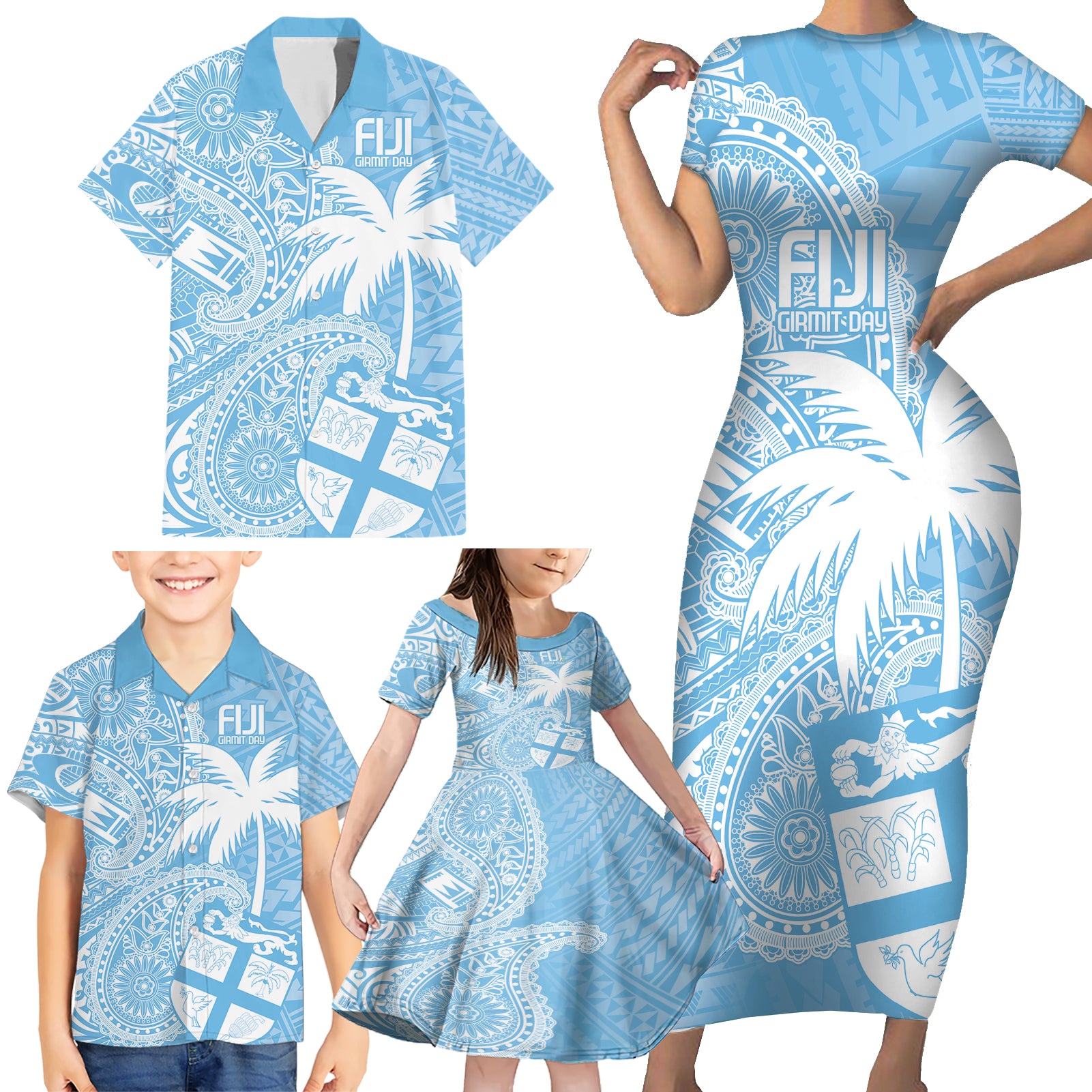 Custom Indo Fijians Family Matching Short Sleeve Bodycon Dress and Hawaiian Shirt Fiji ke Hindustani Polyneisan Paisley Blue Style