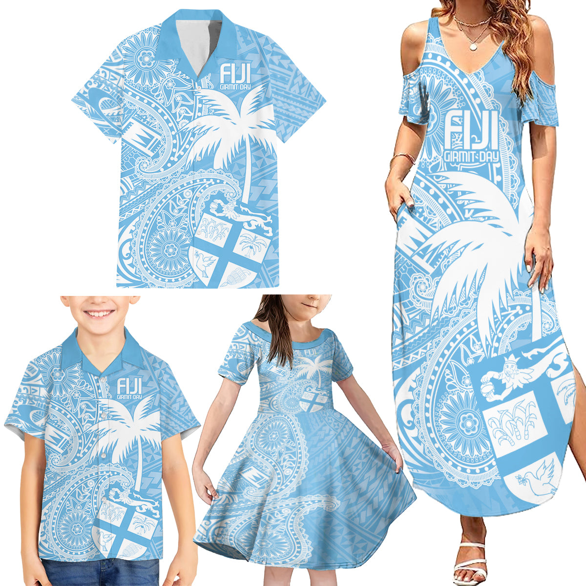 Custom Indo Fijians Family Matching Summer Maxi Dress and Hawaiian Shirt Fiji ke Hindustani Polyneisan Paisley Blue Style