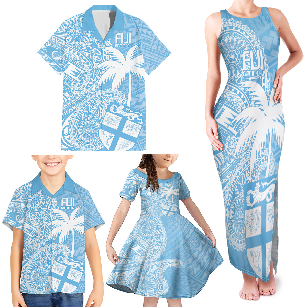 Custom Indo Fijians Family Matching Tank Maxi Dress and Hawaiian Shirt Fiji ke Hindustani Polyneisan Paisley Blue Style