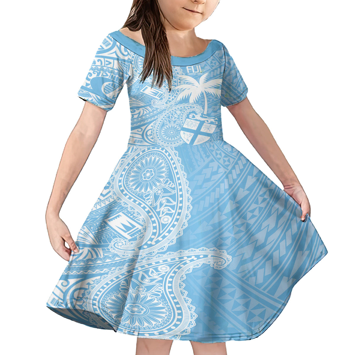 Custom Indo Fijians Kid Short Sleeve Dress Fiji ke Hindustani Polyneisan Paisley Blue Style