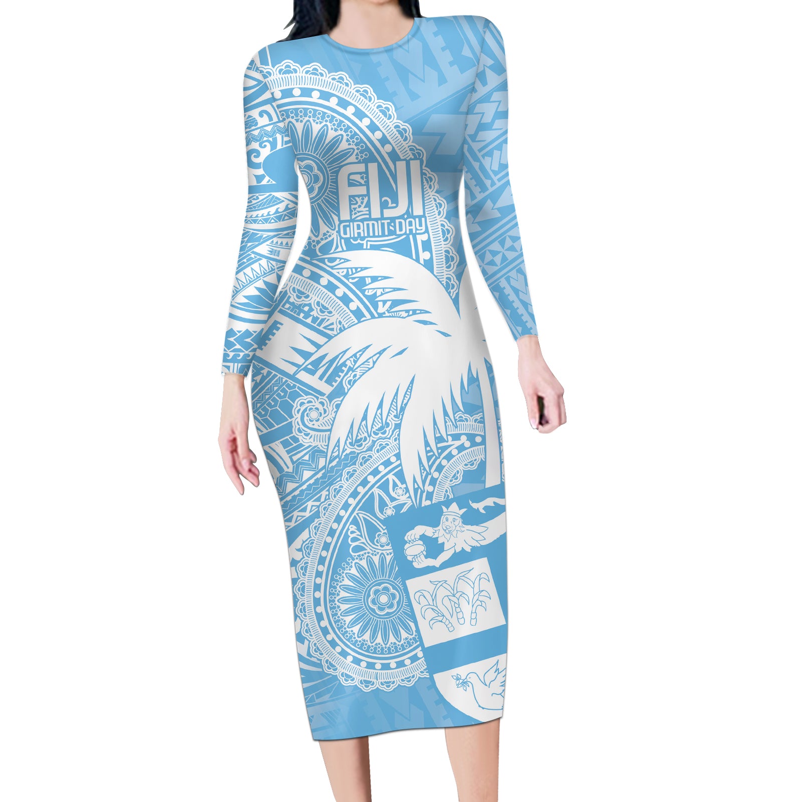 Custom Indo Fijians Long Sleeve Bodycon Dress Fiji ke Hindustani Polyneisan Paisley Blue Style