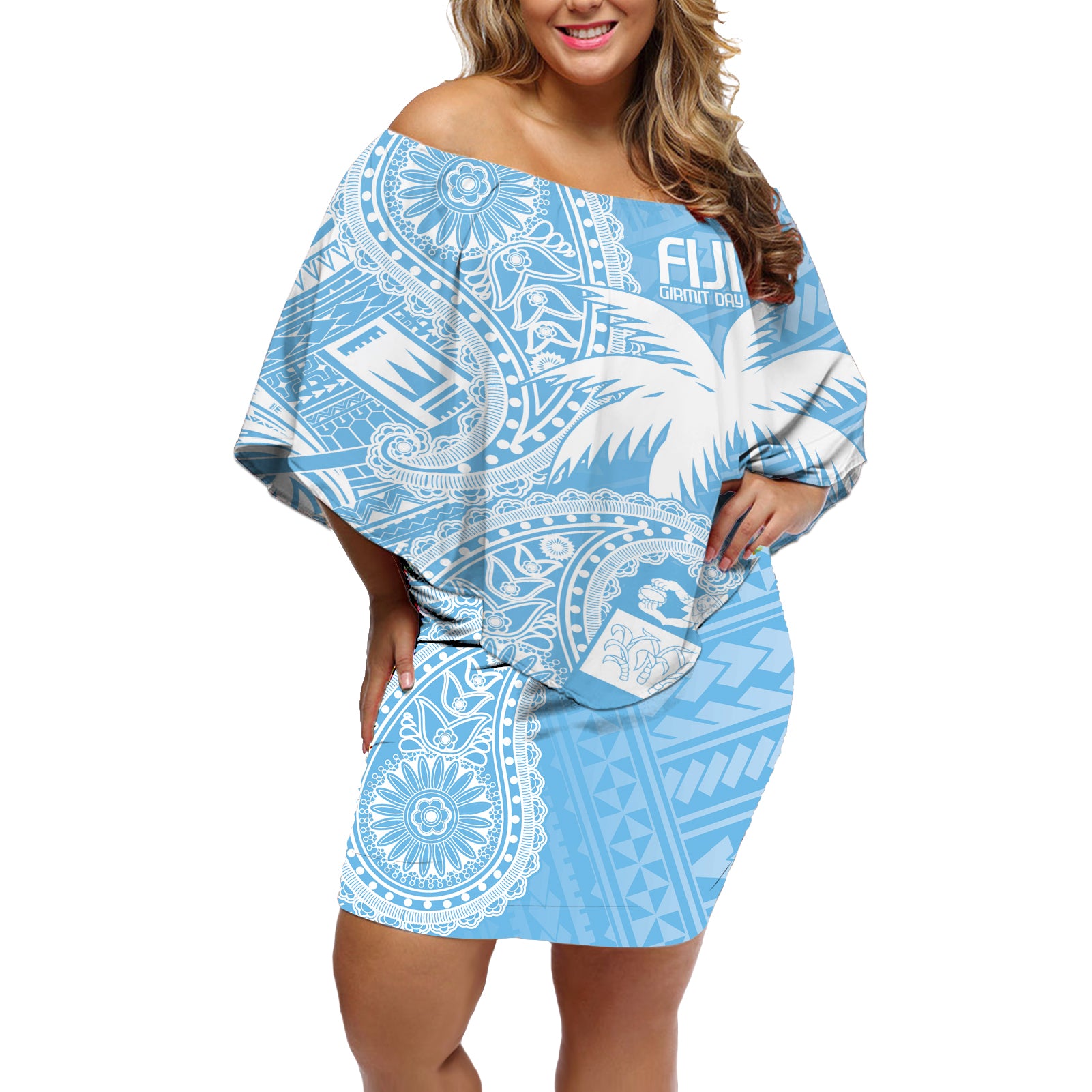 Custom Indo Fijians Off Shoulder Short Dress Fiji ke Hindustani Polyneisan Paisley Blue Style