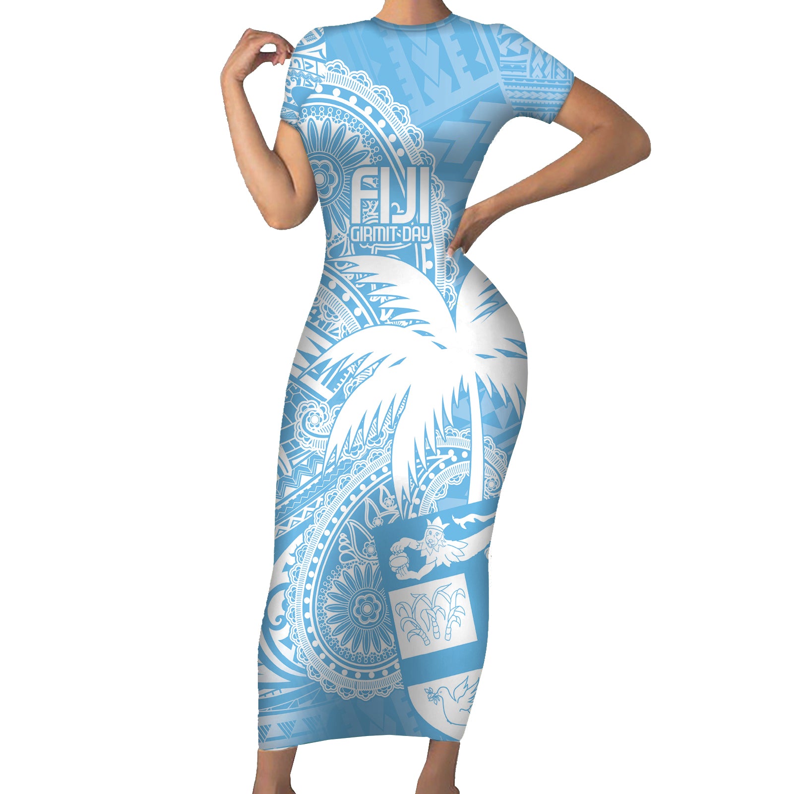 Custom Indo Fijians Short Sleeve Bodycon Dress Fiji ke Hindustani Polyneisan Paisley Blue Style