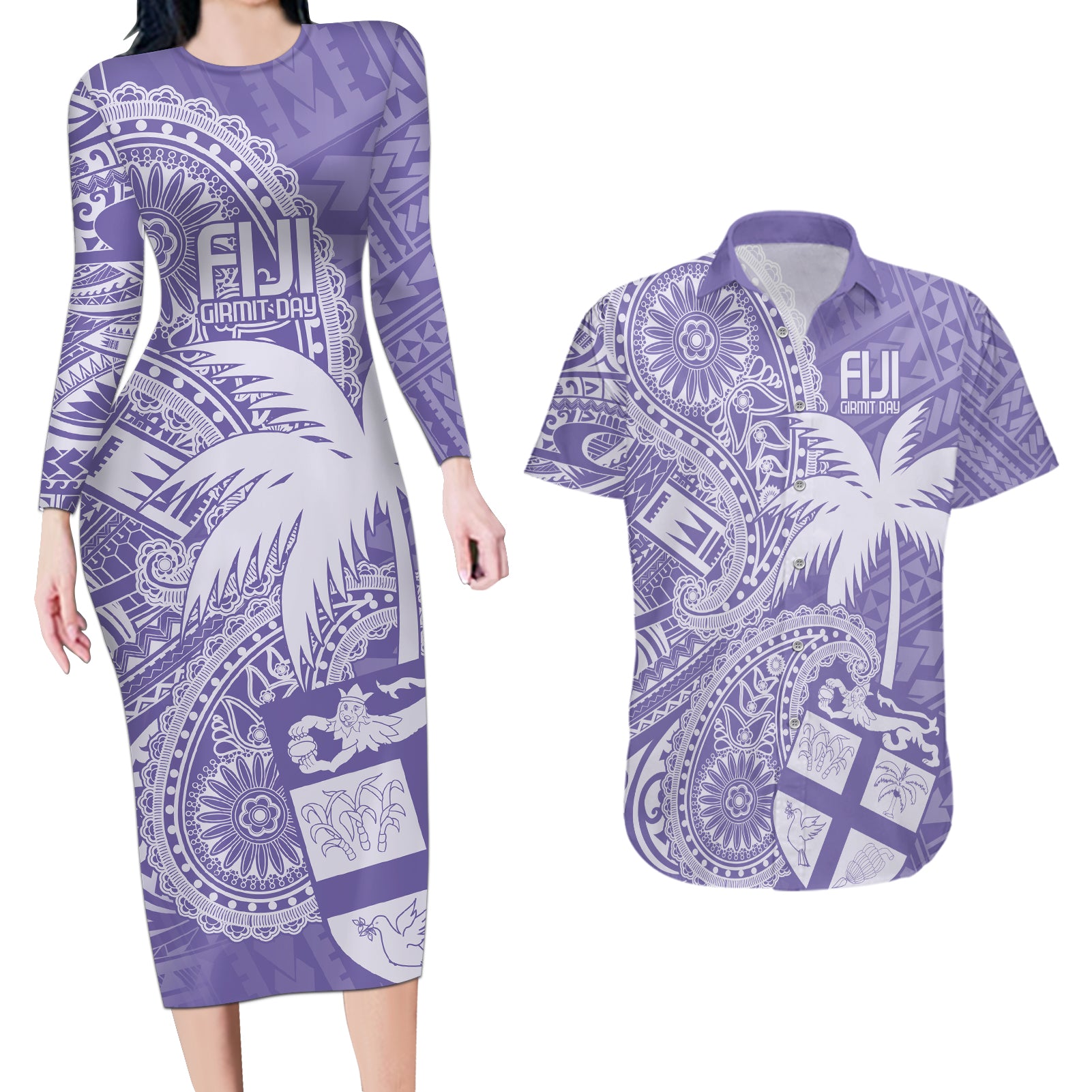 Custom Indo Fijians Couples Matching Long Sleeve Bodycon Dress and Hawaiian Shirt Fiji ke Hindustani Polyneisan Paisley Purple Style