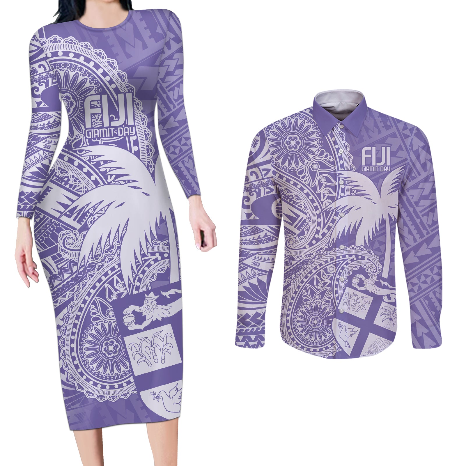 Custom Indo Fijians Couples Matching Long Sleeve Bodycon Dress and Long Sleeve Button Shirt Fiji ke Hindustani Polyneisan Paisley Purple Style