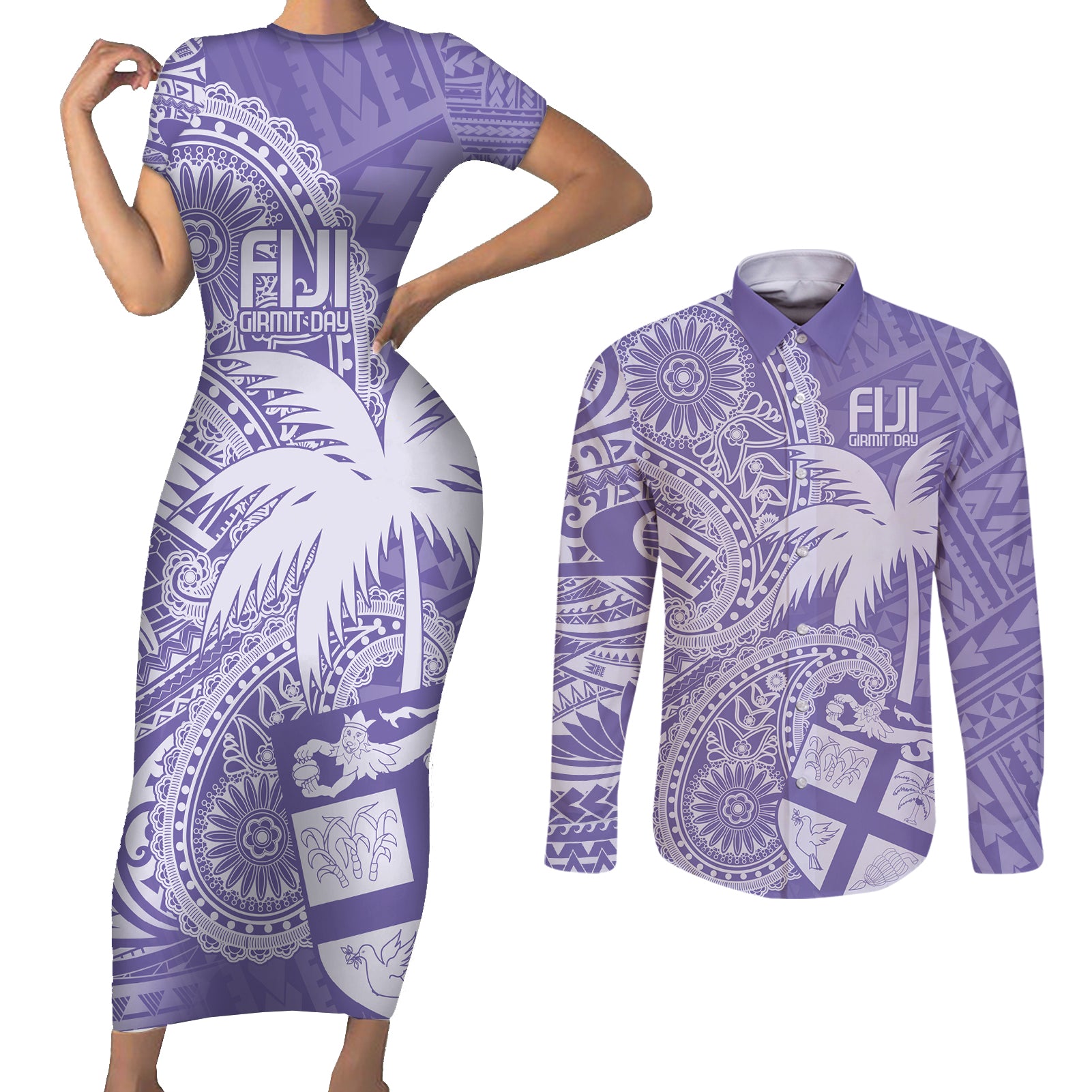 Custom Indo Fijians Couples Matching Short Sleeve Bodycon Dress and Long Sleeve Button Shirt Fiji ke Hindustani Polyneisan Paisley Purple Style