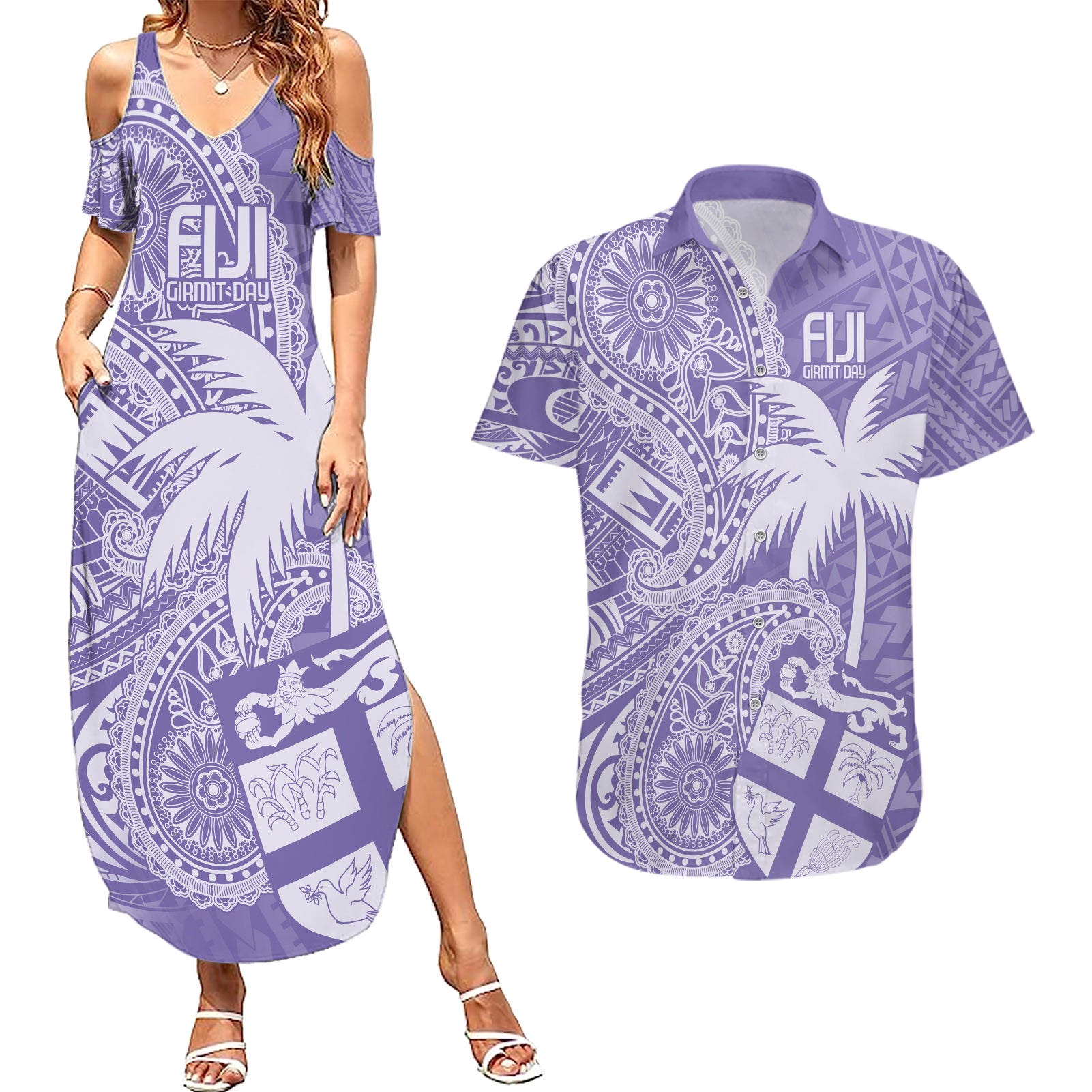 Custom Indo Fijians Couples Matching Summer Maxi Dress and Hawaiian Shirt Fiji ke Hindustani Polyneisan Paisley Purple Style